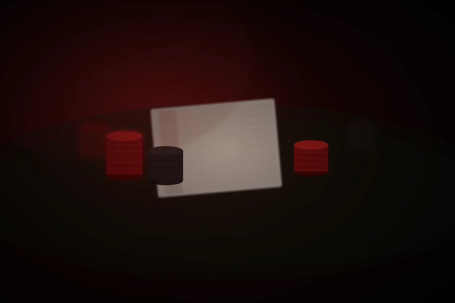 An editorial illustration of a poker player's stack of chips and cash on a deep red felt table with a ledger notebook open beside them