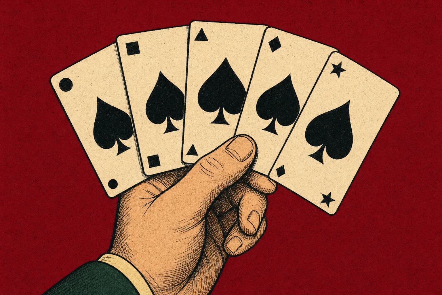 A poker hand of cards spread on a felt table showing a royal flush