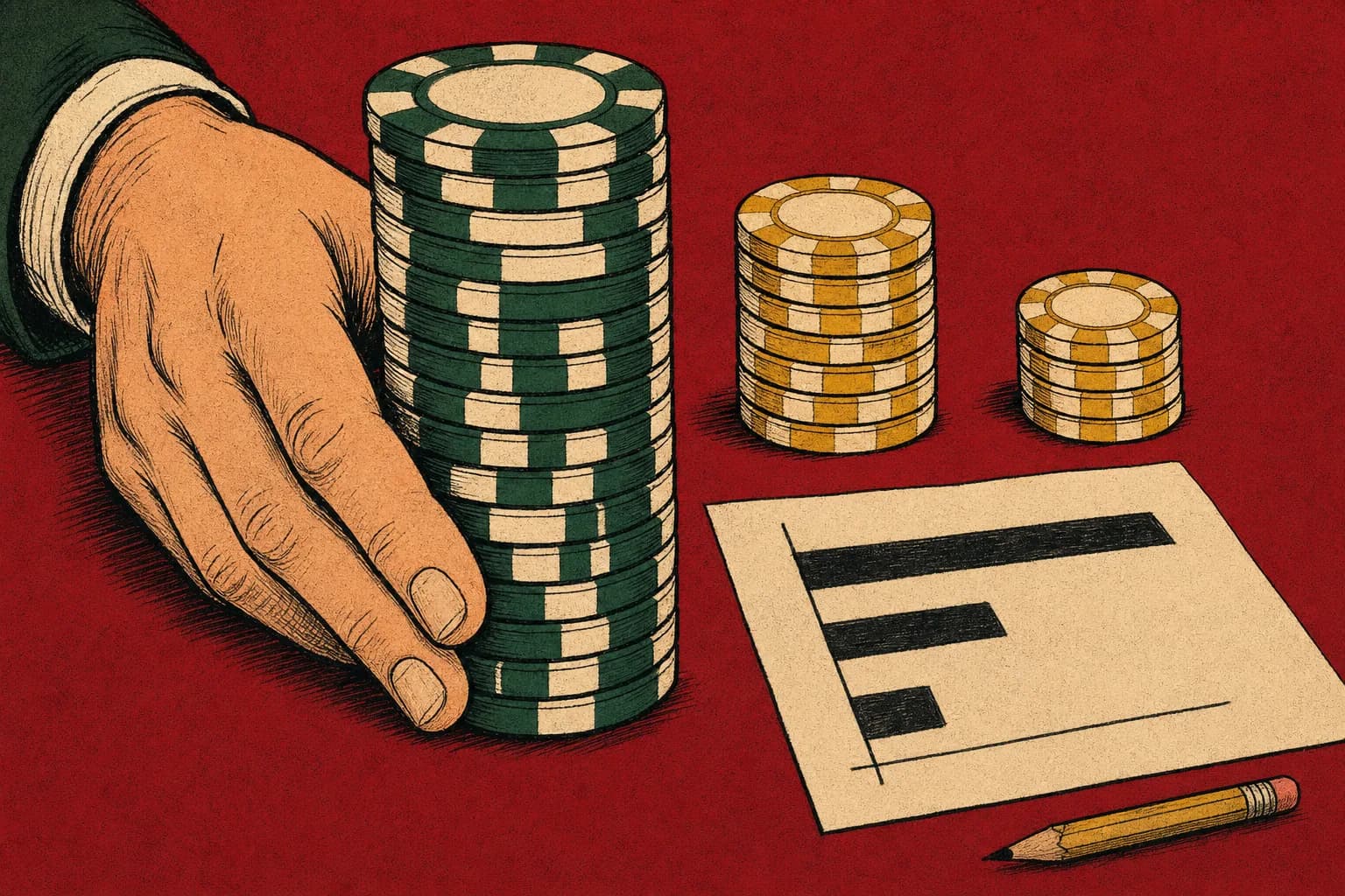 A poker tournament payout structure displayed on a tablet next to chip stacks