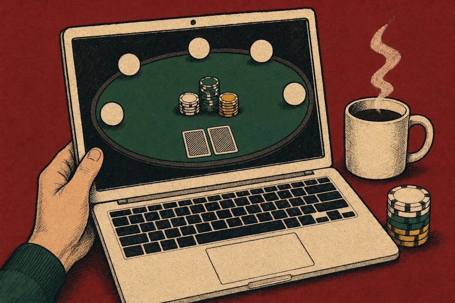 A laptop showing a private poker game setup screen on a wooden table