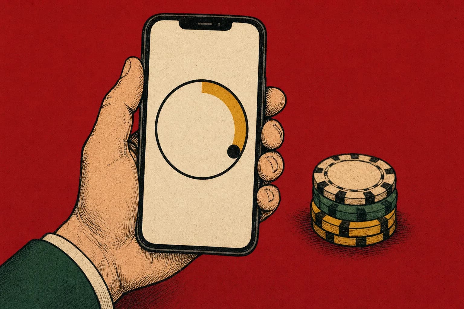 A poker timer running on a tablet next to a stack of chips