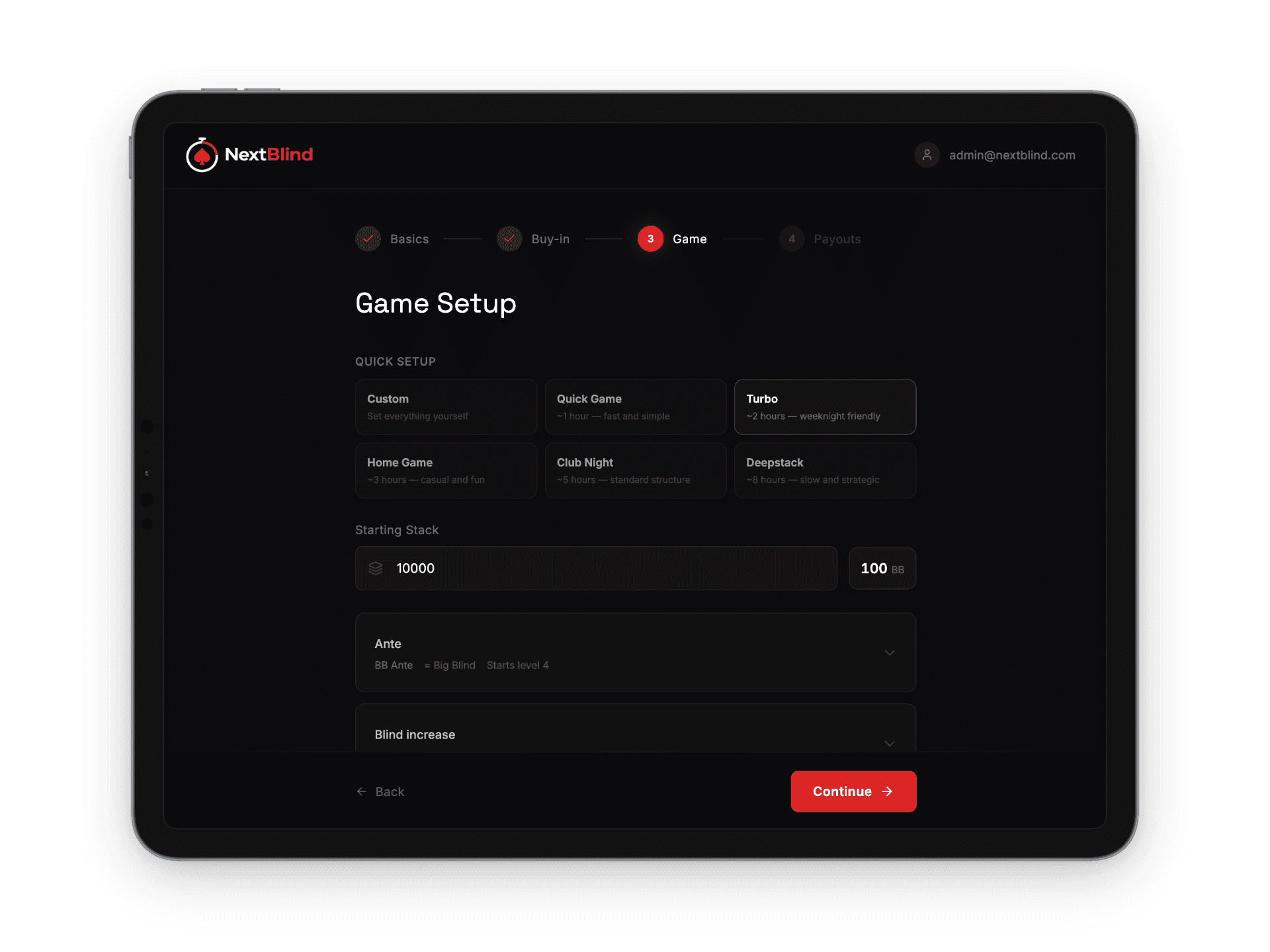 NextBlind Game Setup wizard on iPad — step 3 of 4 with template options Quick Game, Turbo, Home Game, Club Night, Deepstack and starting stack of 10,000
