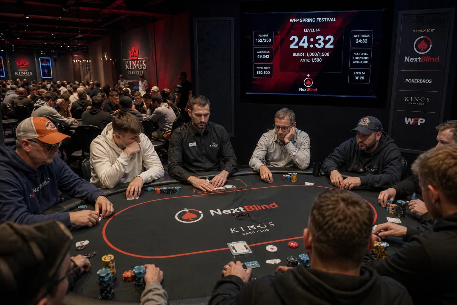 NextBlind tournament display on a TV behind a live poker tournament — players at the felt table, screen showing Level 14 timer, blinds and chip stats